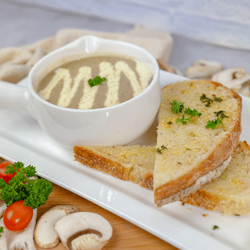 Special Breakfast : Mushroom soup & garlic bread